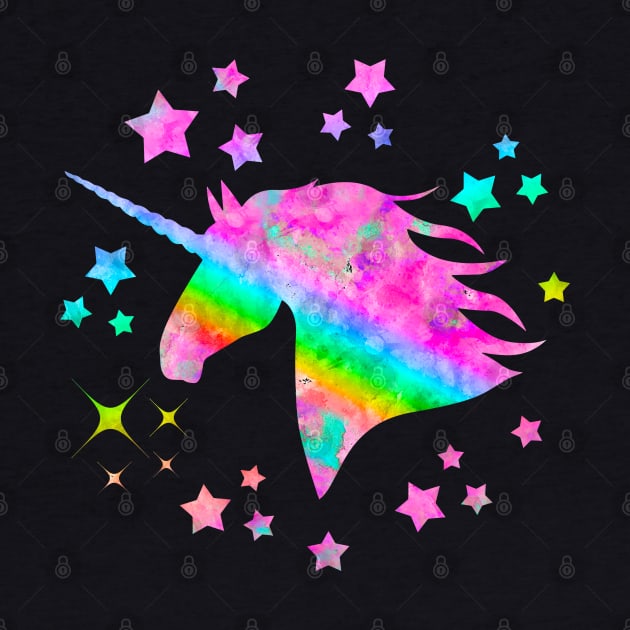 Sparkling Rainbow Unicorn Watercolor Portrait Painting by Miao Miao Design